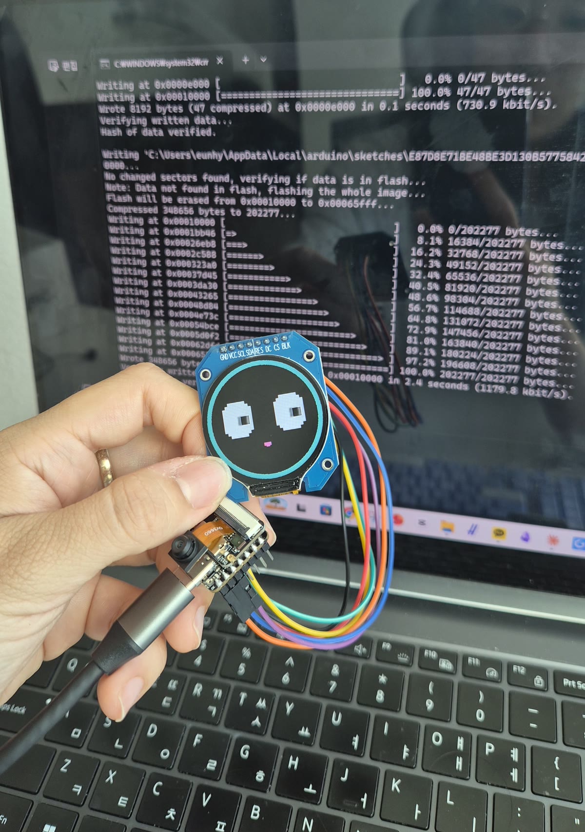 Working Pini prototype on ESP32-S3 running its pixel eyes, September 2026